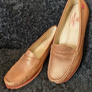 Marc Joseph Tan Pebble Leather Penny Loafers with Red Trim